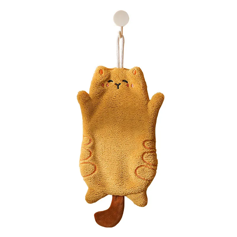 Cute Cat-Shaped Embroidered Coral Fleece Hanging Hand Towel – Absorbent Quick-Dry Bathroom & Kitchen Towel, Soft Fluffy Children's Cartoon Washcloth with Loop